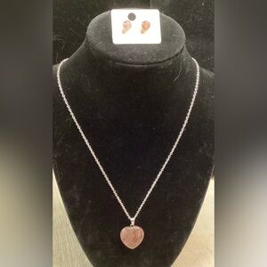 Strawberry Quartz Heart Pendant Necklace and Earring Set